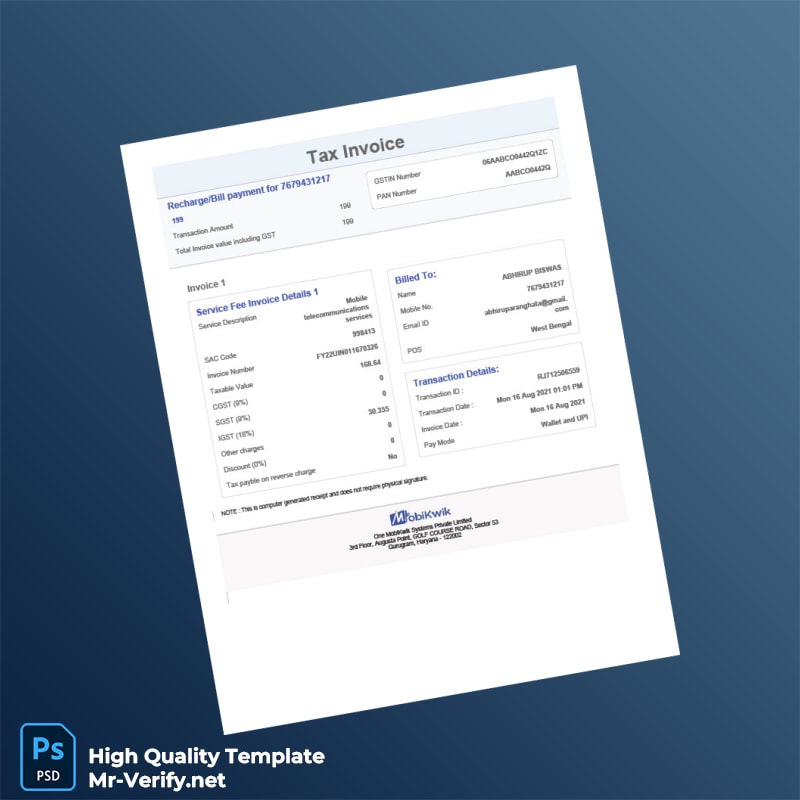 India MobiKwik Tax Invoice Template in Word and PDF formats India MobiKwik Tax Invoice Template in Word and PDF formats