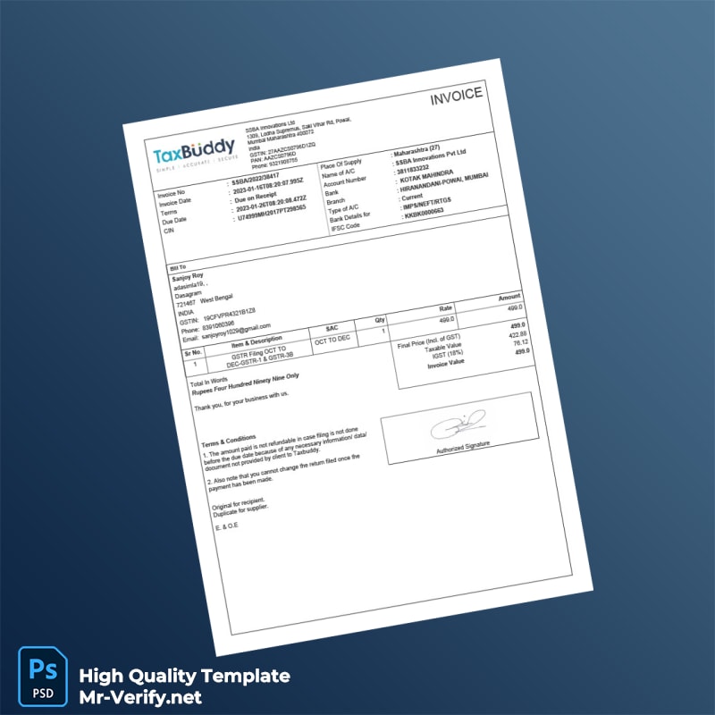 India SSBA Innovations Pvt Ltd Invoice Template in Word and PDF formats India SSBA Innovations Pvt Ltd Invoice Template in Word and PDF formats