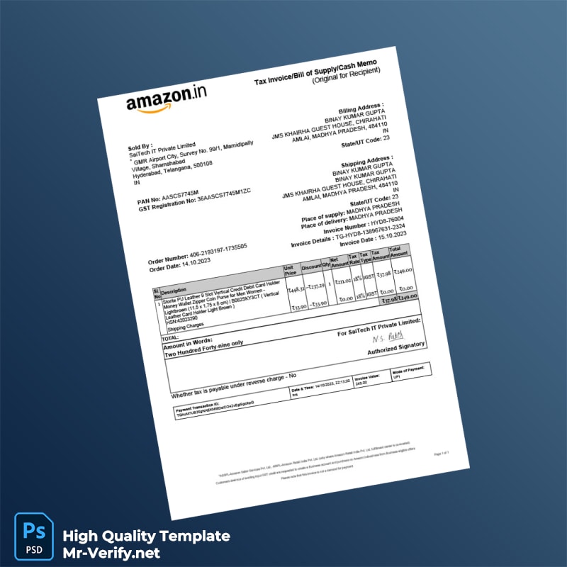 India SaiTech IT Private Limited Tax Invoice Template in Word and PDF formats India SaiTech IT Private Limited Tax Invoice Template in Word and PDF formats