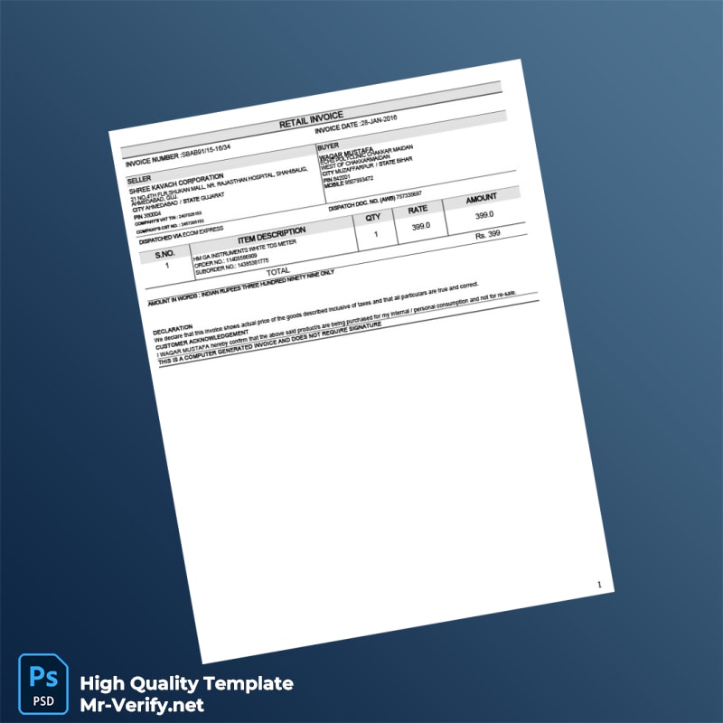 India Shree Kavach Corporation Invoice Template in Word and PDF formats India Shree Kavach Corporation Invoice Template in Word and PDF formats