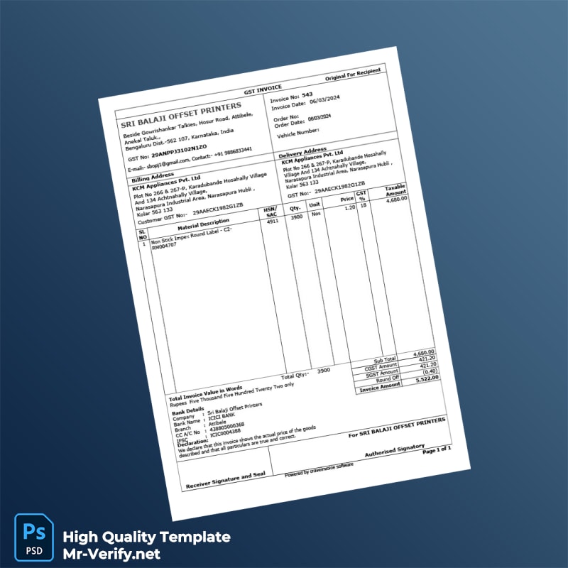 India Sri Balaji Offset Printers Invoice Template in Word and PDF formats India Sri Balaji Offset Printers Invoice Template in Word and PDF formats