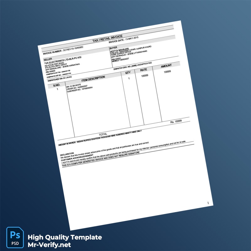 India TVS Electronics Ltd Invoice Template in Word and PDF formats India TVS Electronics Ltd Invoice Template in Word and PDF formats