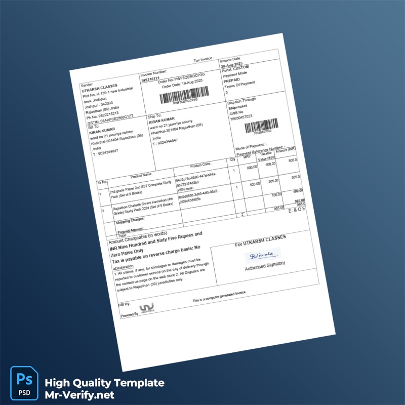 India Utkarsh Classes Invoice Template in Word and PDF formats India Utkarsh Classes Invoice Template in Word and PDF formats