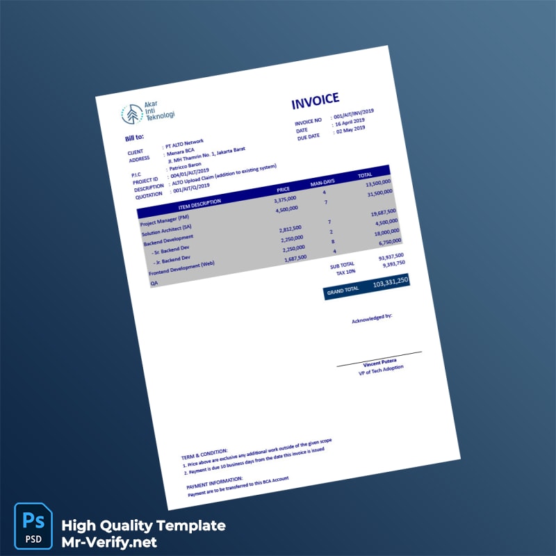 Indonesia PT Akar Inti Teknologi Invoice Template in Word and PDF formats Indonesia PT Akar Inti Teknologi Invoice Template in Word and PDF formats