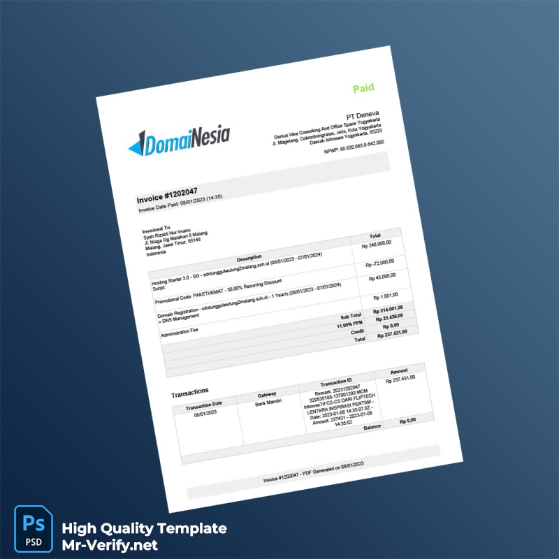 Indonesia PT Deneva Invoice Template in Word and PDF formats Indonesia PT Deneva Invoice Template in Word and PDF formats