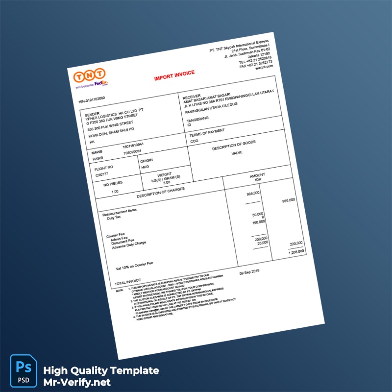 Indonesia PT TNT Skypak International Express Invoice Template in Word and PDF formats Indonesia PT TNT Skypak International Express Invoice Template in Word and PDF formats