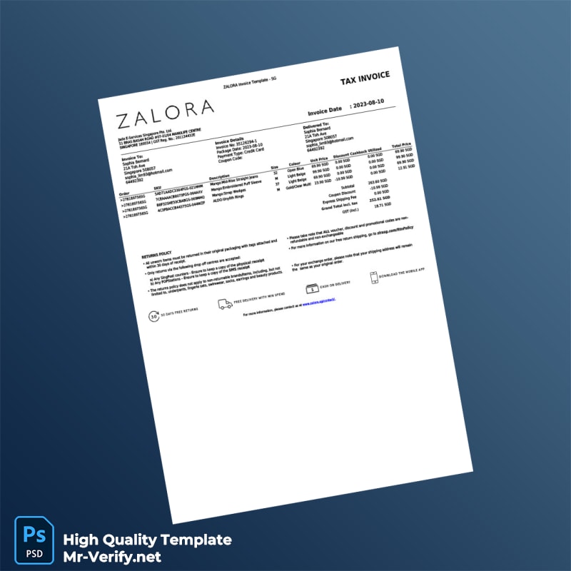 Singapore Zalora Invoice Template in Word and PDF formats Singapore Zalora Invoice Template in Word and PDF formats