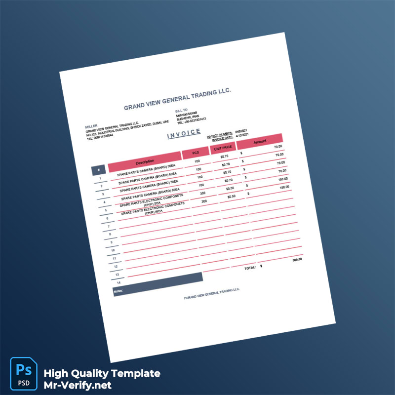 UAE Grand View General Trading Invoice Template in Word and PDF formats UAE Grand View General Trading Invoice Template in Word and PDF formats