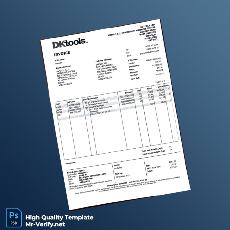 UK DK Tools Ltd Invoice Template in Word and PDF formats UK DK Tools Ltd Invoice Template in Word and PDF formats