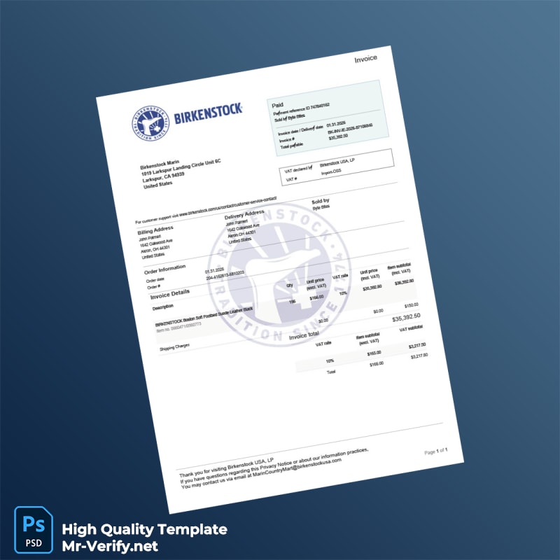 USA Birkenstock Invoice Template in Word and PDF formats USA Birkenstock Invoice Template in Word and PDF formats