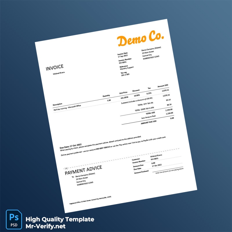 USA Demo Company Invoice Template in Word and PDF formats USA Demo Company Invoice Template in Word and PDF formats