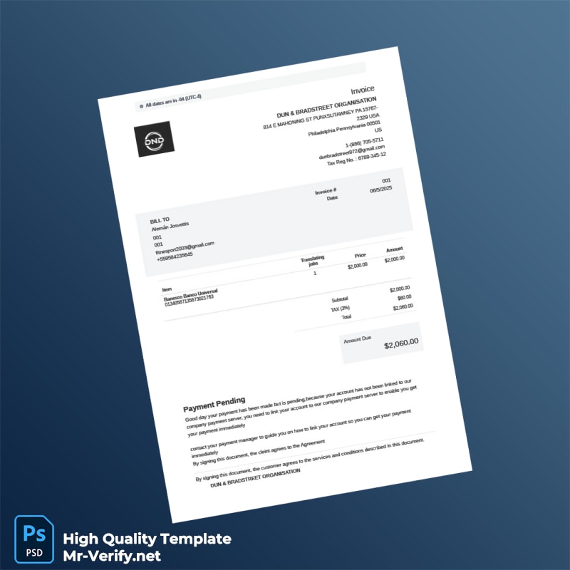 USA Dun Bradstreet Organisation Invoice Template in Word and PDF formats USA Dun Bradstreet Organisation Invoice Template in Word and PDF formats