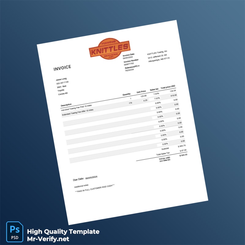USA Knittles Towing Invoice Template in Word and PDF formats USA Knittles Towing Invoice Template in Word and PDF formats