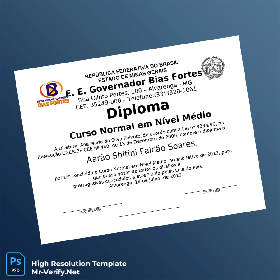 Brazil Aarao Shitini Falcão Soares High School Diploma in Normal Course Printable Brazil Aarao Shitini Falcão Soares High School Diploma in Normal Course Image Preview - PrintDocs