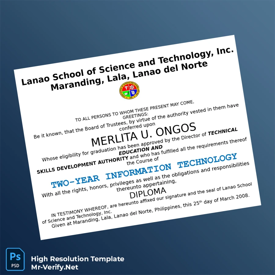 Philippines Lanao School of Science and Technology Inc Two-Year Information Technology Diploma Printable Philippines Lanao School of Science and Technology Inc Two-Year Information Technology Diploma Image Preview - PrintDocs